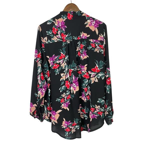 EVRI | NWT Black Multi Color Floral Print Tie Neck Long Sleeve Career Blouse - Picture 3 of 10